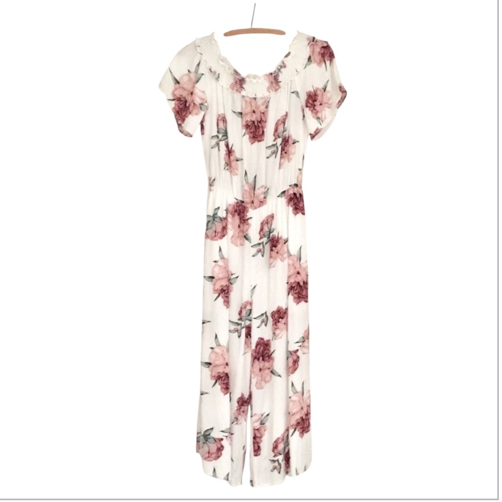 Everly Anthropologie Flowy Pink Floral Off Shoulder Wide Leg Cropped Jumpsuit M